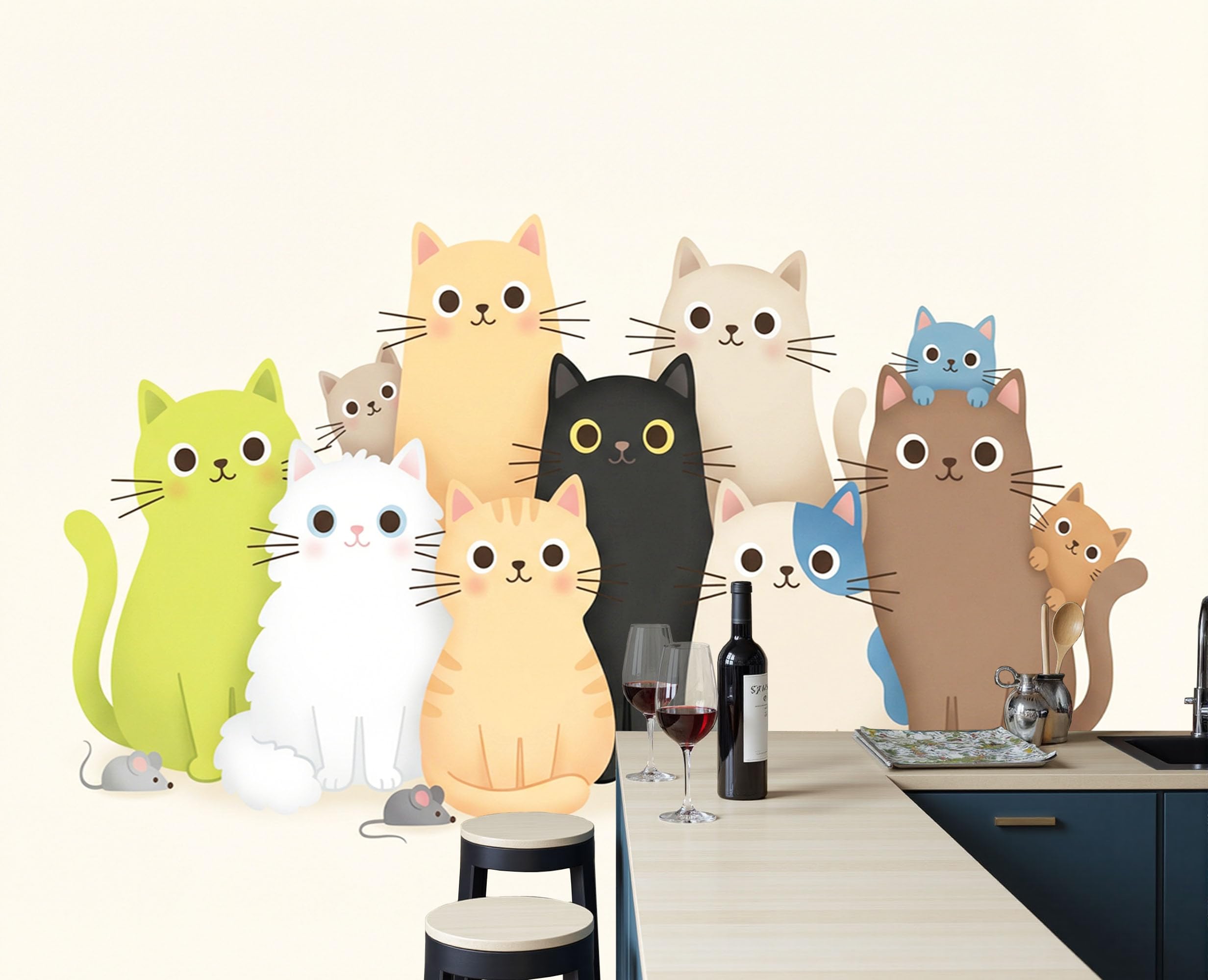 Papier peint panoramique 250x175 tapisserie intissé chat de dessin animé pour mur