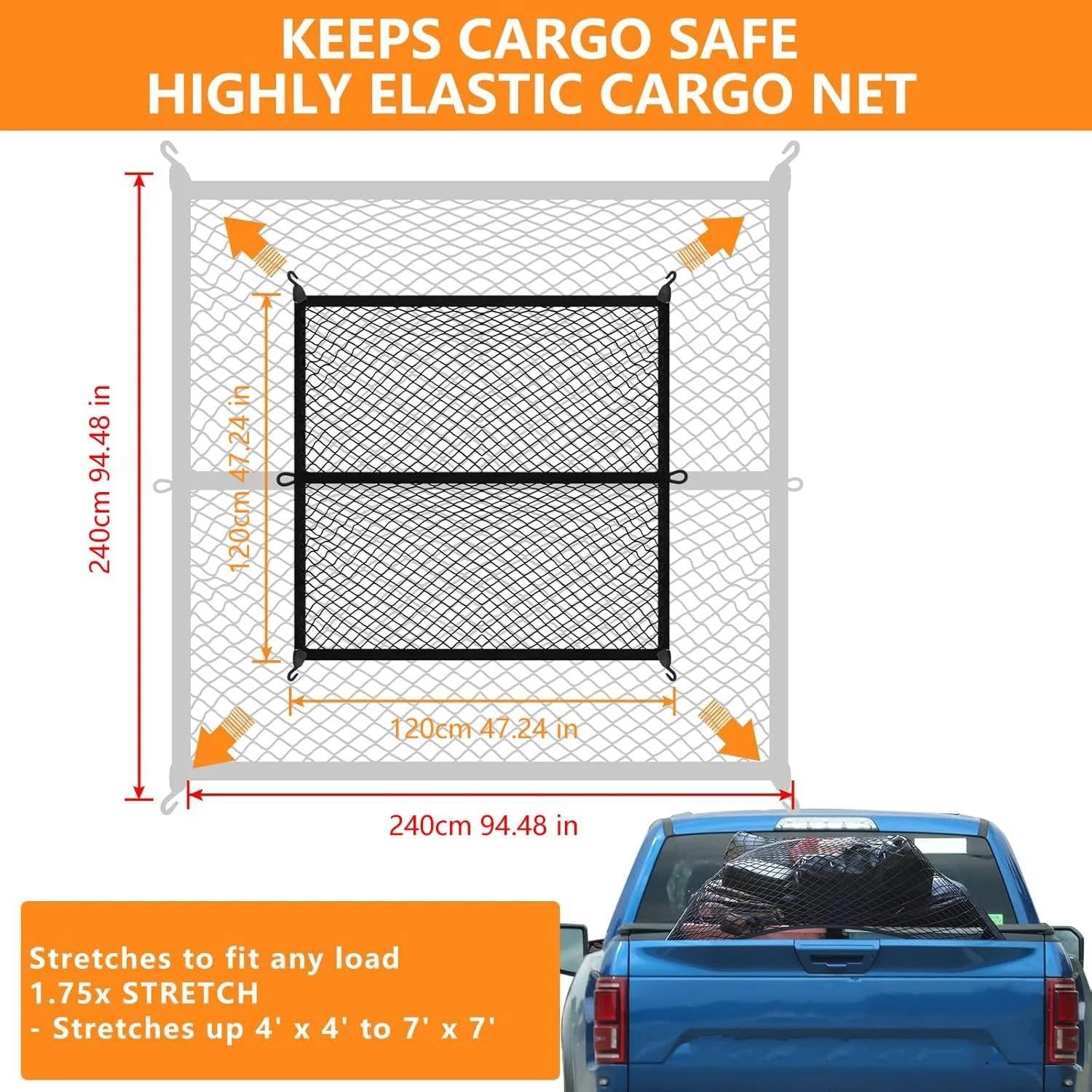 Redes de almacenaje para Coche Red De Carga Elástica De 120 X 120 Cm Organizador De Malla para Caja Camioneta Ideal para Camionetas Ligeras Uso Diario Red Elástica Maletero(Doble Capa)