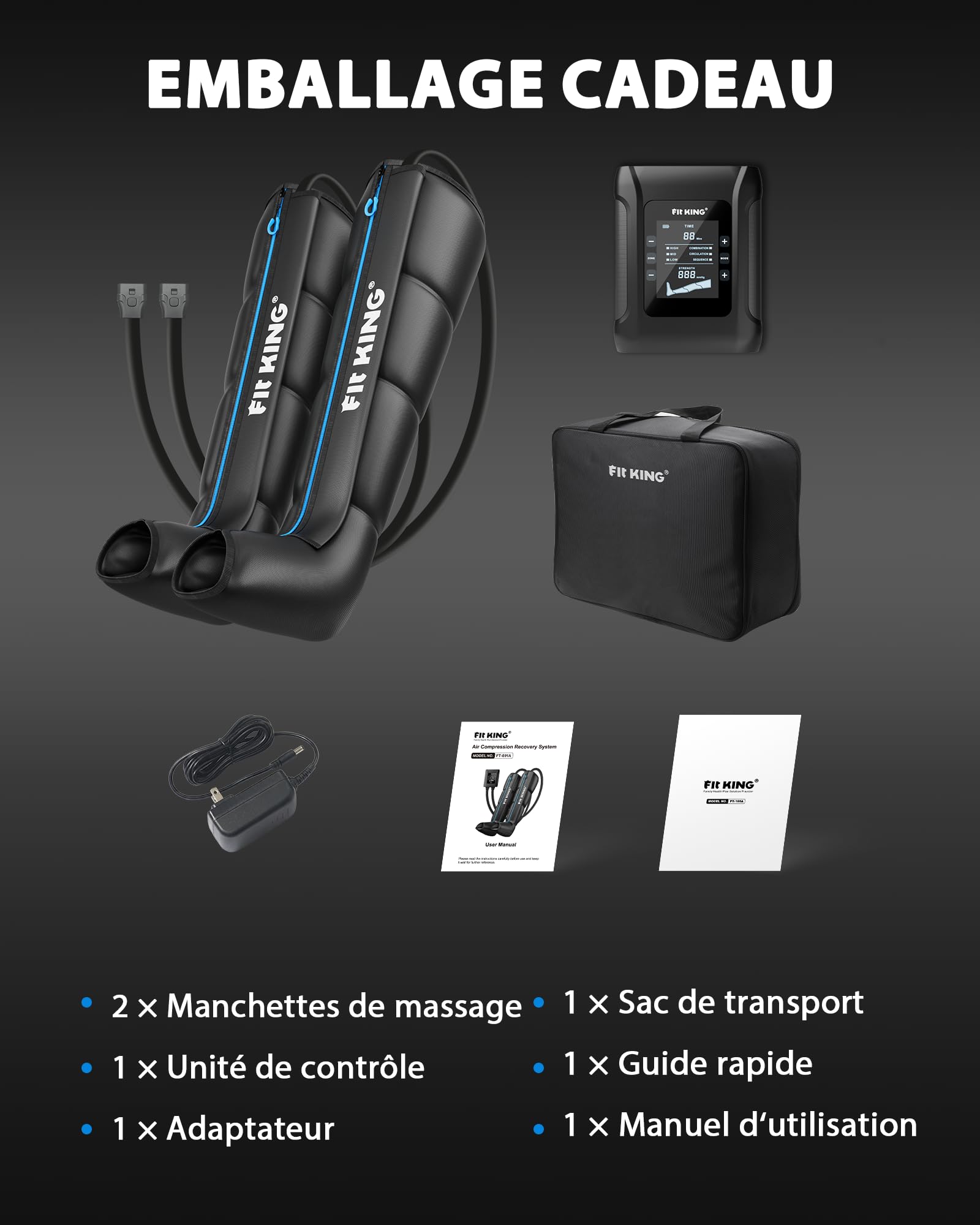 FIT KING Système de compression professionnel de compression d'air pour les jambes, bottes de récupération portables rechargeables, dispositif de compression pneumatique, récupération rapide et