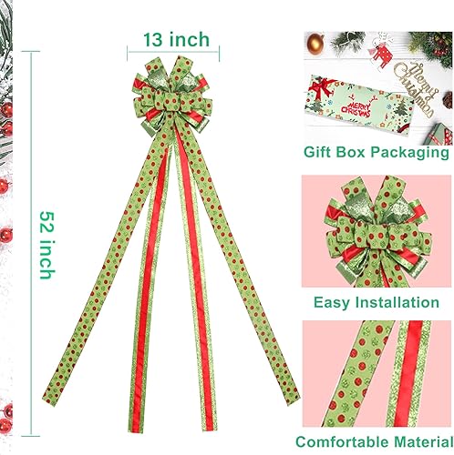 Miniatura 36 de Decoración para árbol de Navidad, lazo grande verde para árbol de Navidad, lazos de regalo de poliéster con puntos rojos y verdes, lazos de regalo