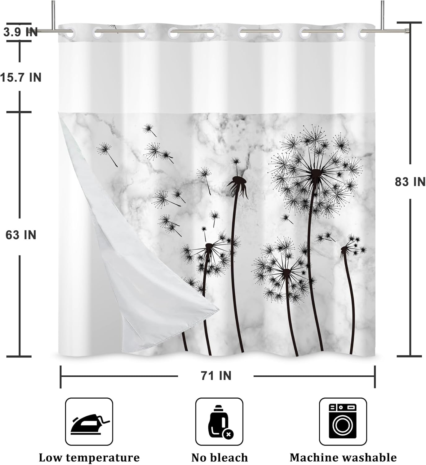Baocicco No Hook Black and White Dandelion Shower Curtain with Snap in Liner Flower Vintage Floral Double Layers Machine Washable for Easy Clean Hotel Shower Curtain and Liner Set 71x83 Inch