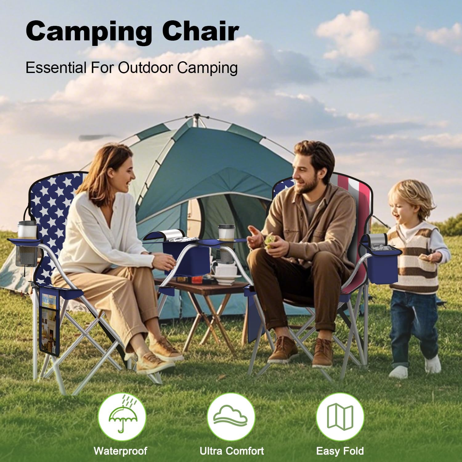 VTOY Folding Camping Chairs Durable 600D Oxford, Portable Outdoor Chair with Cooler Pouch, Cup Holder & Storage Pocket for Camping, Beach, Fishing
