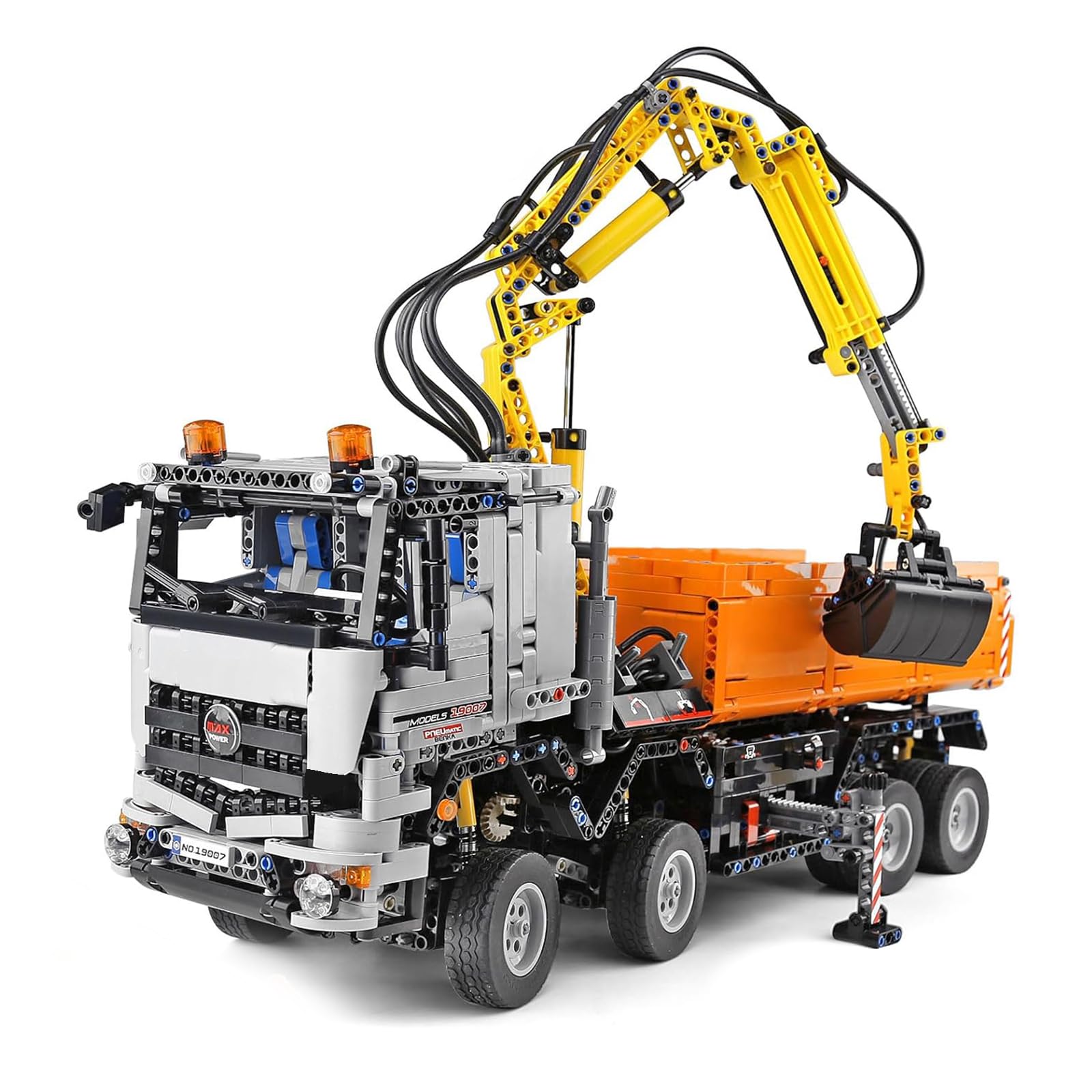 Mould King 19007 Technik Kran Pneumatischer LKW Bausteine, Engineering Truck mit Fernsteuerung und Motoren, 2819 Teile groß MOC Fernbedienung Auto Klemmbausteine Bricks Spielzeug