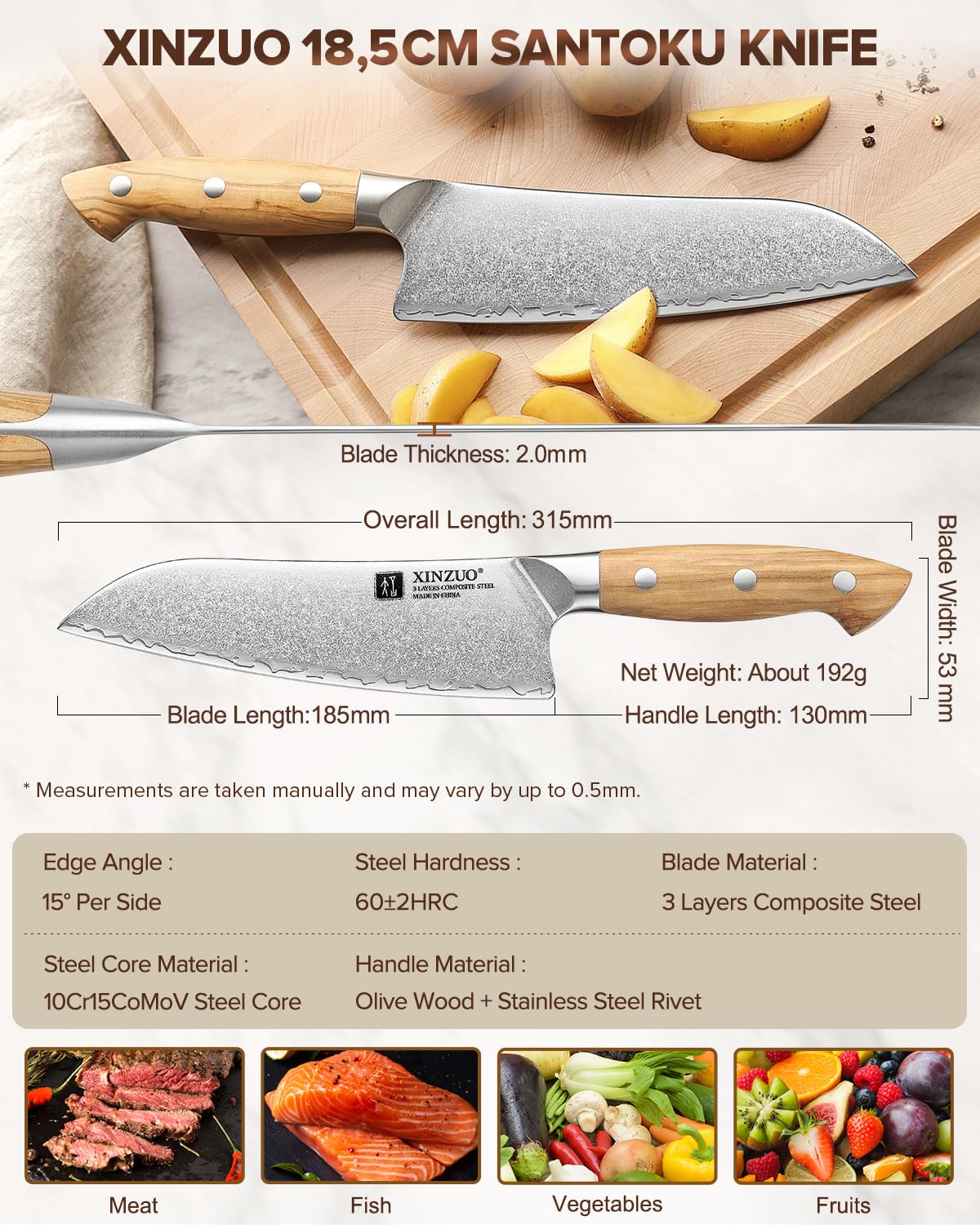 XINZUO 18,5cm Cuchillo Santoku Profesional Acero Compuesto Cuchillo de Cocinero de Cocina Acero Inoxidable de Alto Carbono -para Carne, Verduras, Pescado y Fruta -Mango Ergonómico de Madera de Olivo