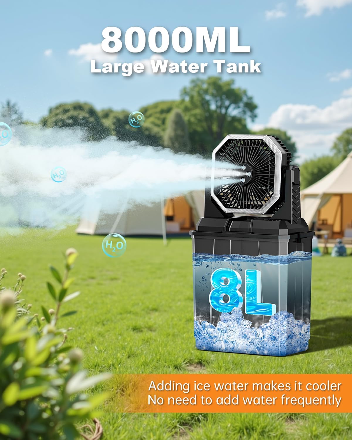 Portable Misting Fan, Rechargeable Outdoor Cooler, Battery Operated Personal Fan with3 Speeds & 8L Bucket for Patio, Camping,Hiking, Backyard, Travel, Desk,Pool, Beach, Black