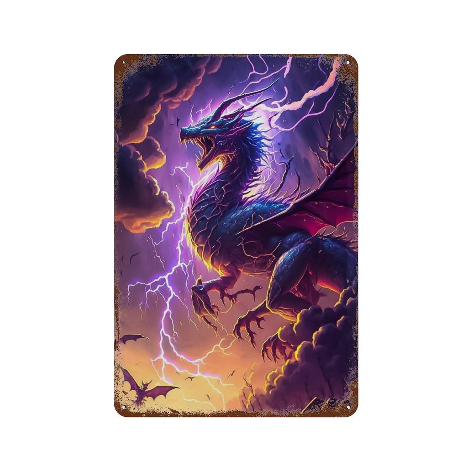 Garage Style Thunder Dragon Fantasy Artwork Retro Metal Sign 11.8"x7.9", Classic Wall Plaque for Bar And Workshop