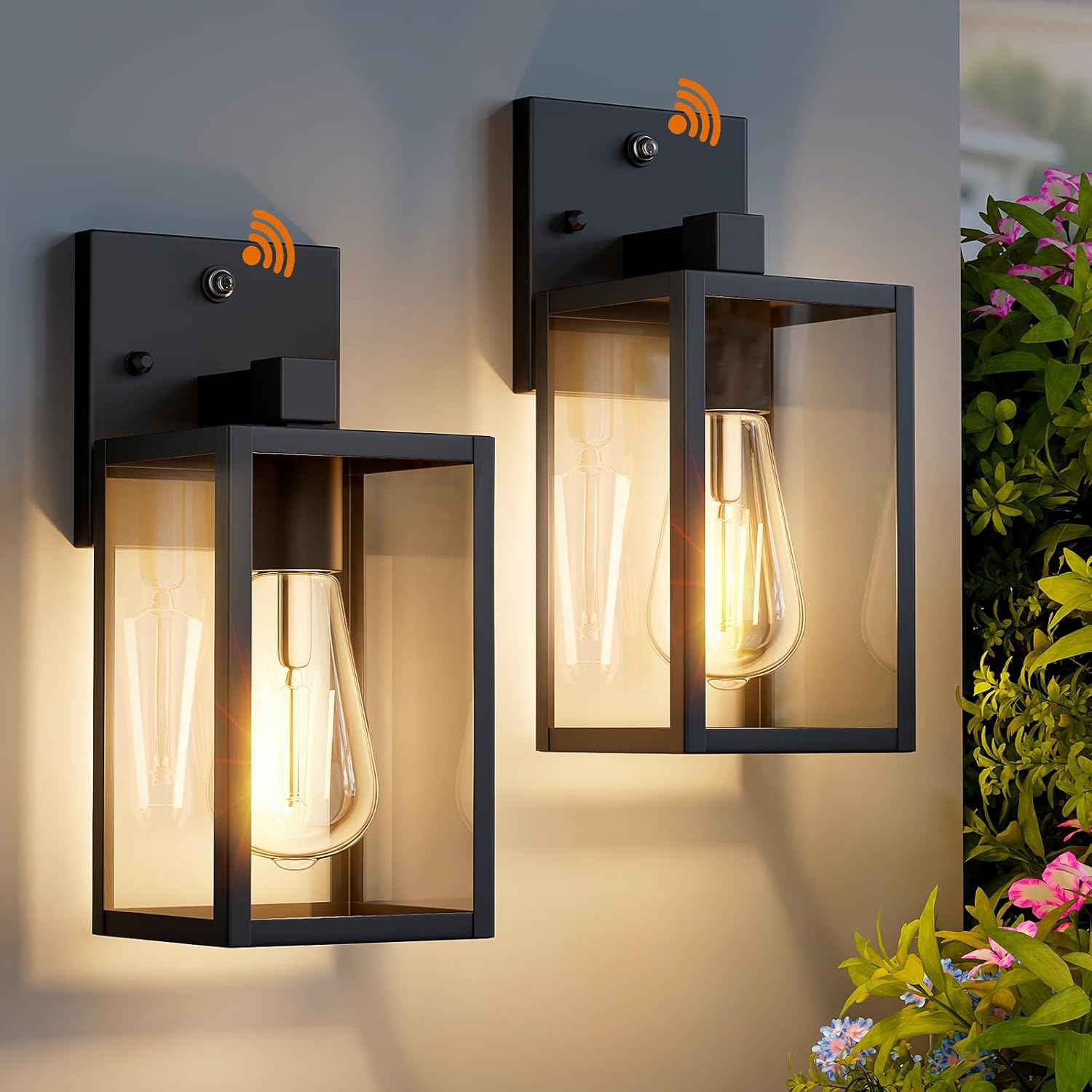 2 Pack Dusk to Dawn Exterior Lighting Fixtures Wall Mount, Sensor Outside Front Porch Lights for House, Outdoor Lantern Lamp, Waterproof Wall Sconce Lights, Black Coach Light for Garage Entryway