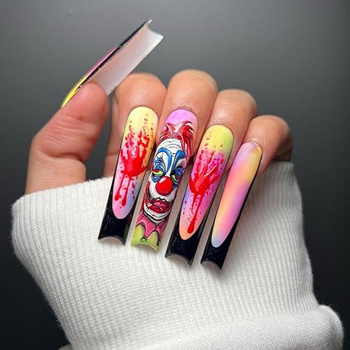 Uñas postizas largas a presión de Halloween, uñas postizas negras con punta francesa horrible, uñas acrílicas con divertidos diseños de palma de