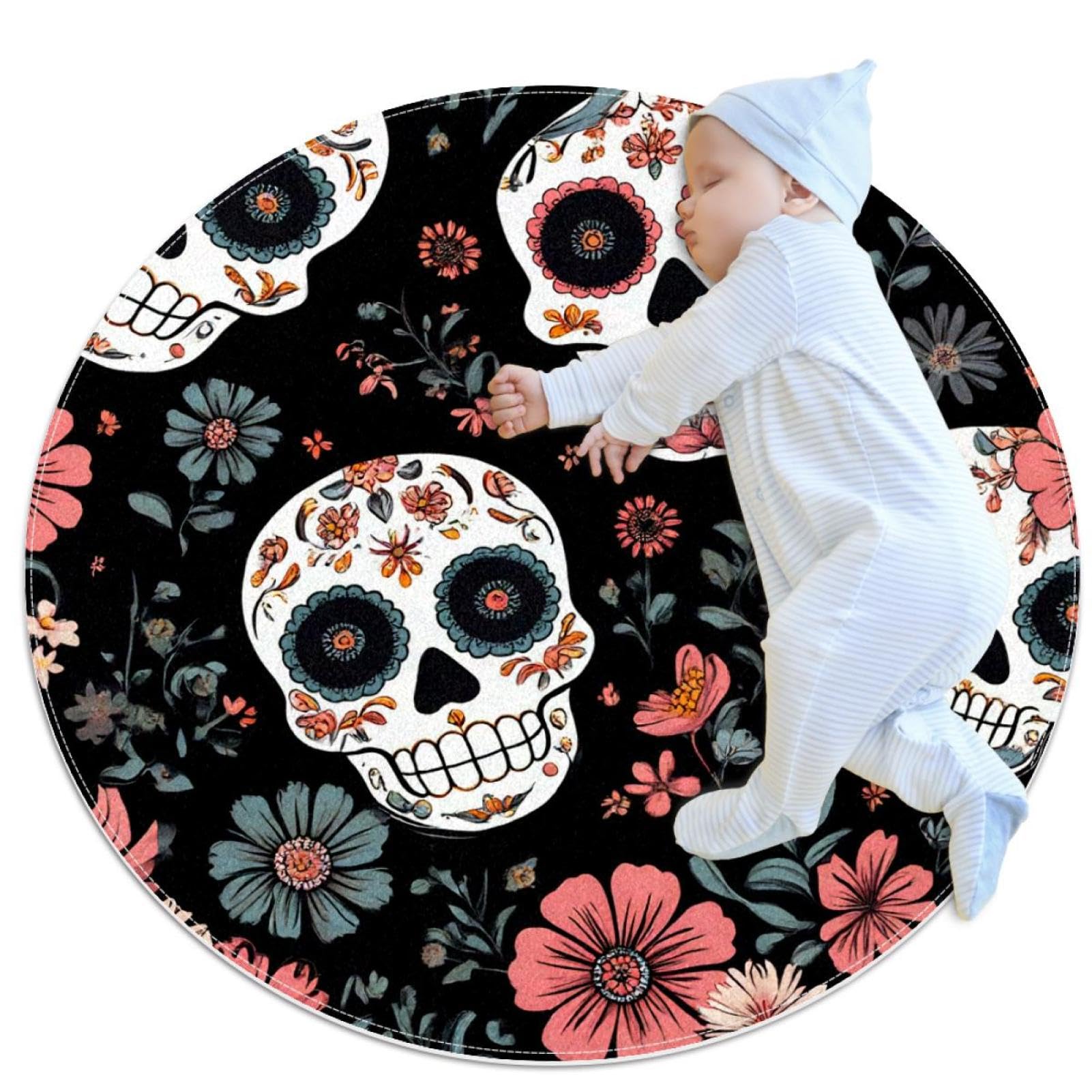 Tapis de salle de bain rond 1m motif crâne en sucre antidérapant