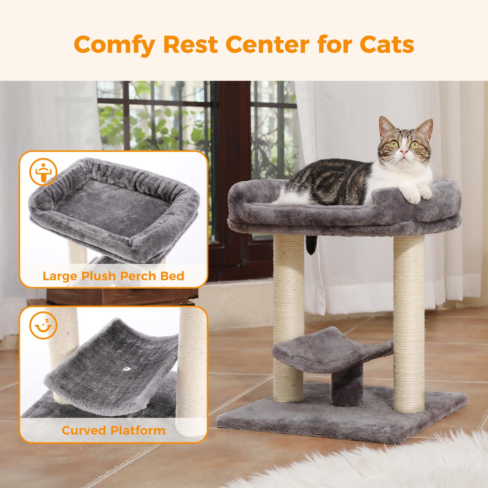 PETEPELA Poste rascador de 19 Pulgadas, Torre de árbol para Gatos, rascador de sisal 100% Natural con Cama Grande de Felpa Superior, Plataforma acogedora para Gatitos y Gatos