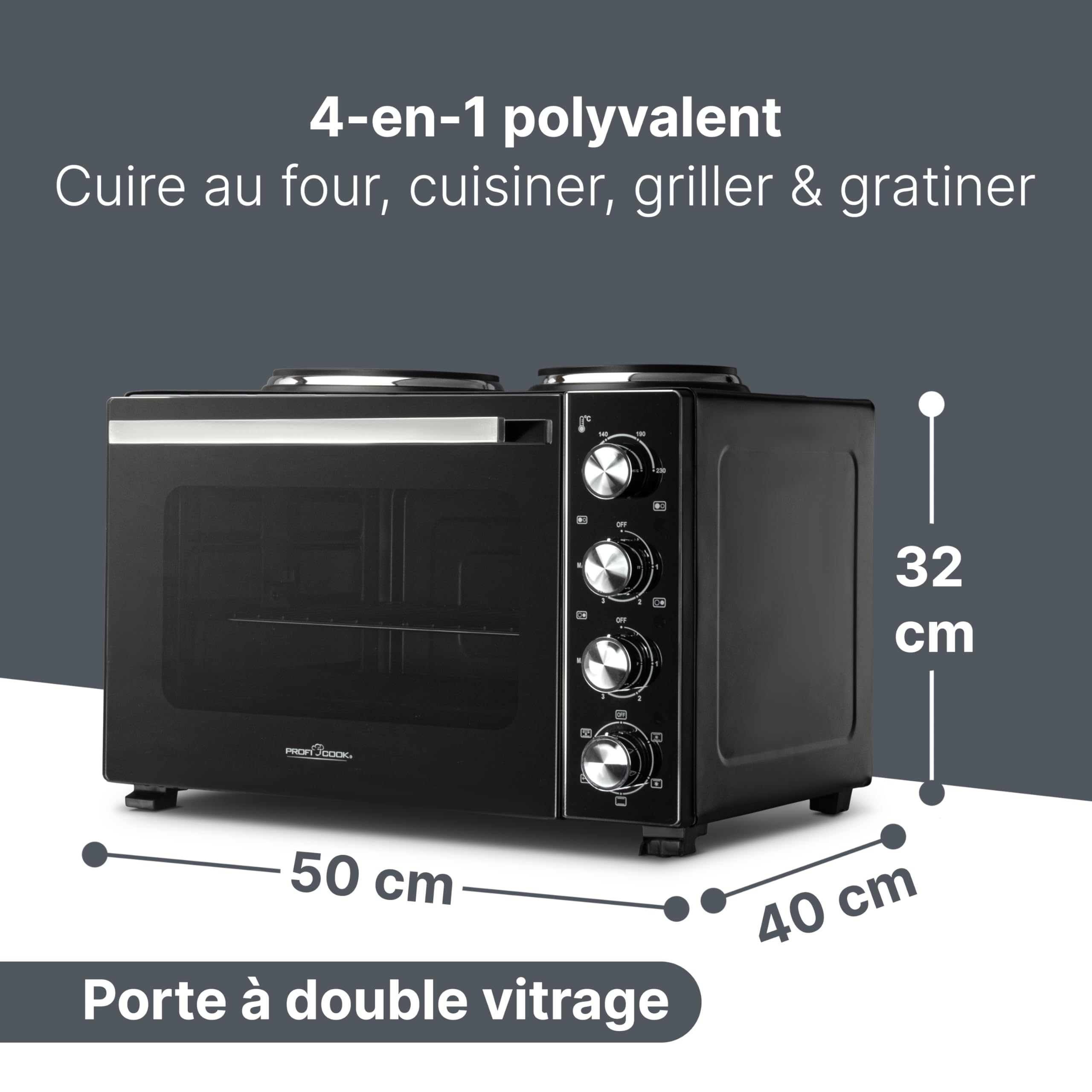 Mini-four ProfiCook® avec plaques de cuisson et broche rotative | 32 L | Chaleur tournante, chaleur supérieure, chaleur inférieure, broche rotative | Petit four | Mini-four | PC KK 1302