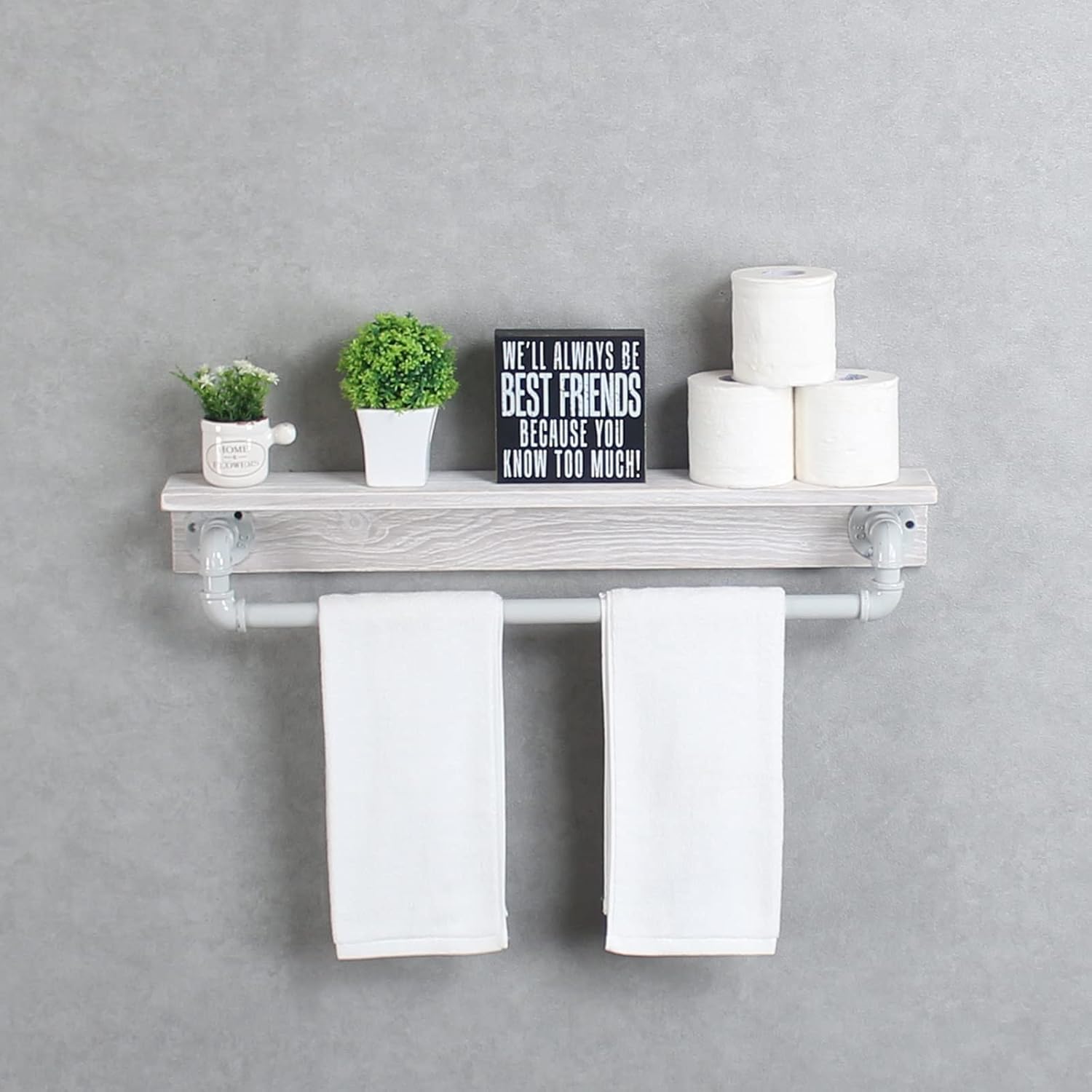 MBQQ Industrial Pipe Shelf,Rustic Wall Shelf with Towel Bar,30" Farmhouse Towel Racks for Bathroom,Floating Shelves Wall Mounted Home Decor Wooden Shelving,Retro White