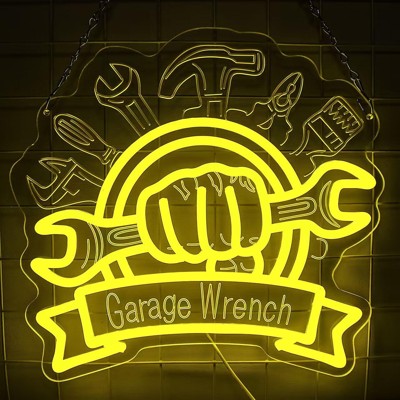 Garage Wrench Neon Sign for Wall Decor, Dimmable Garage LED Neon Light for Workshop Man Cave Garage Auto Repair Shop, Cool Mechanic Gift(Yellow, 13.6 * 12.8 in)