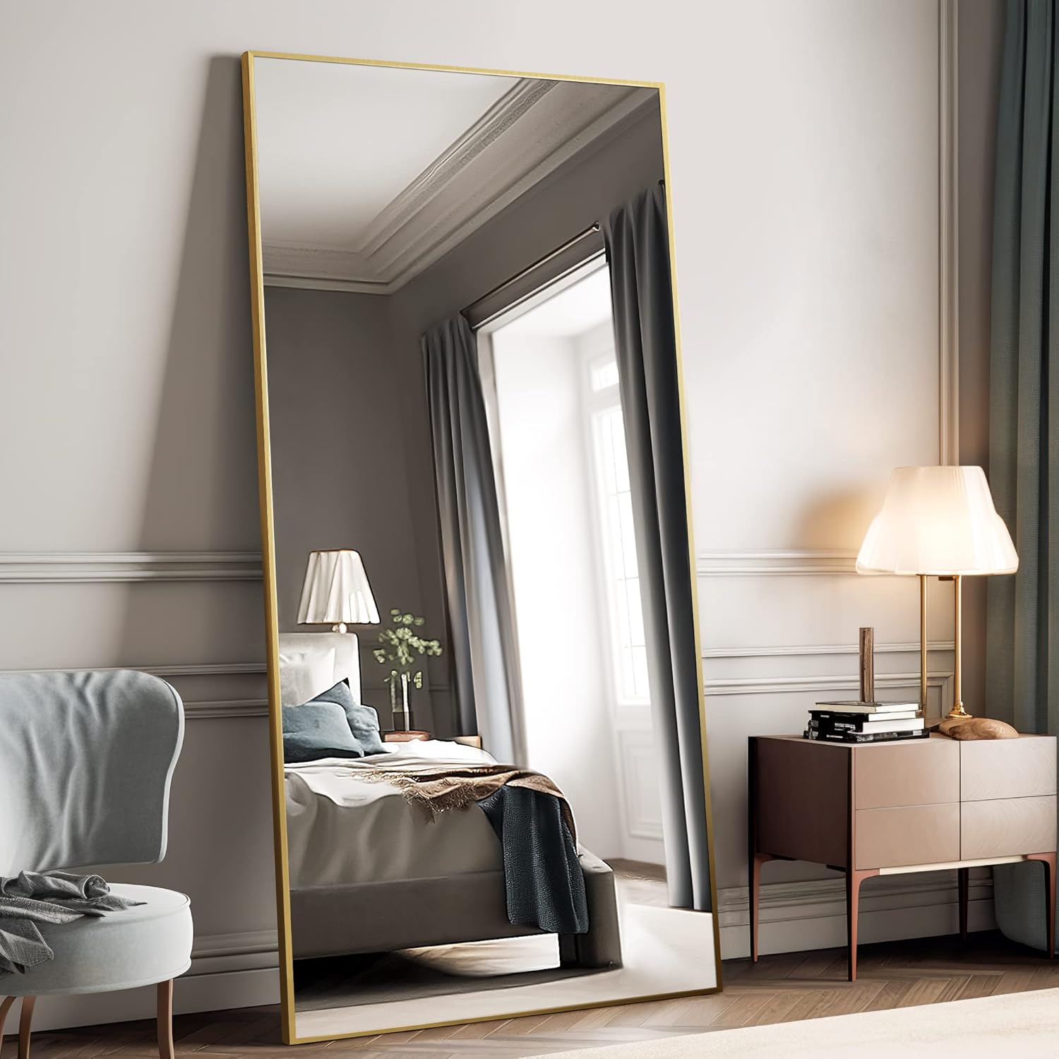 NeuType Large Bathroom Mirrors 71"x32" Wall Mounted Mirrors for Bathroom Bedroom Living Room,Aluminum Alloy Thin Frame,Burst-Proof Glass Without Stand (Gold)
