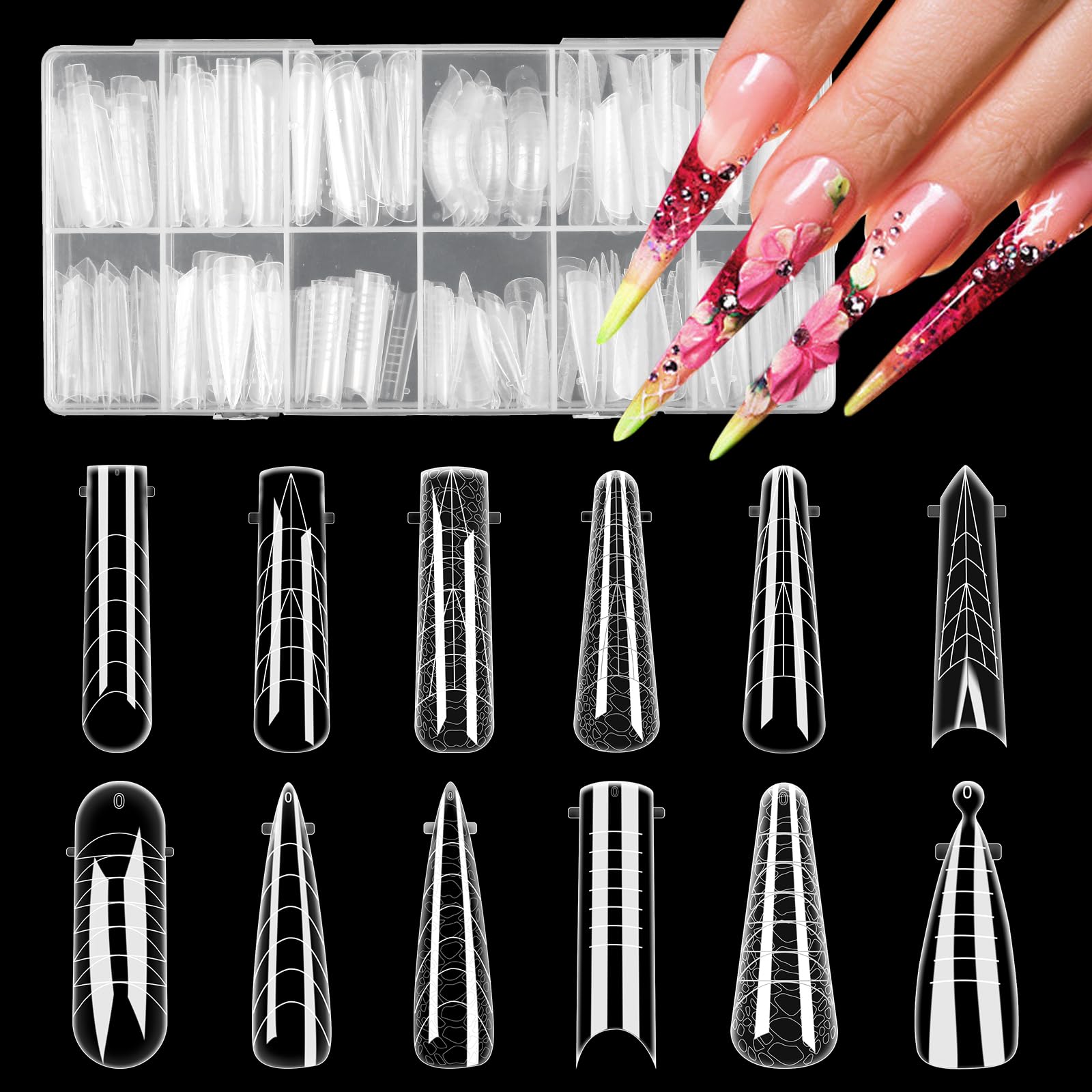 YINGJEE Dual Nail Forms for Poly Nail Gel 144PCS Full Cover Nail Mold Tips Set Slip Solution for Acrylic Nails 12 Styles 12 Sizes Nail Tips for Manicure Nail Extension