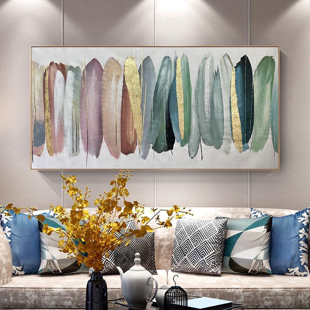Mintura Large Poster Handpainted Golden Feather Oil Painting On Canvas Modern Home Decoration Wall Art For Living Room Decor (70x140cm unframed)