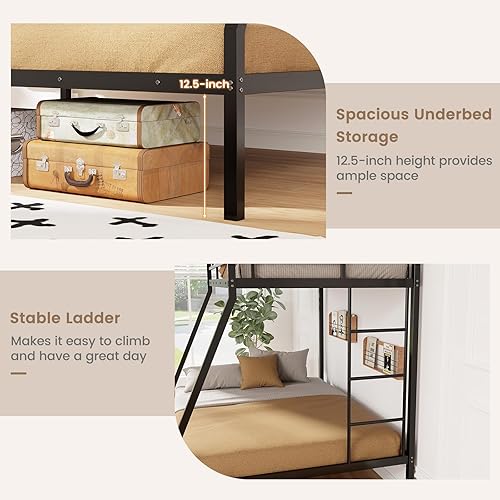 Miniatura 6 de DORTALA Literas de tamaño individual sobre matrimonial con escaleras litera individual sobre matrimonial con riel de seguridad y listones de acero