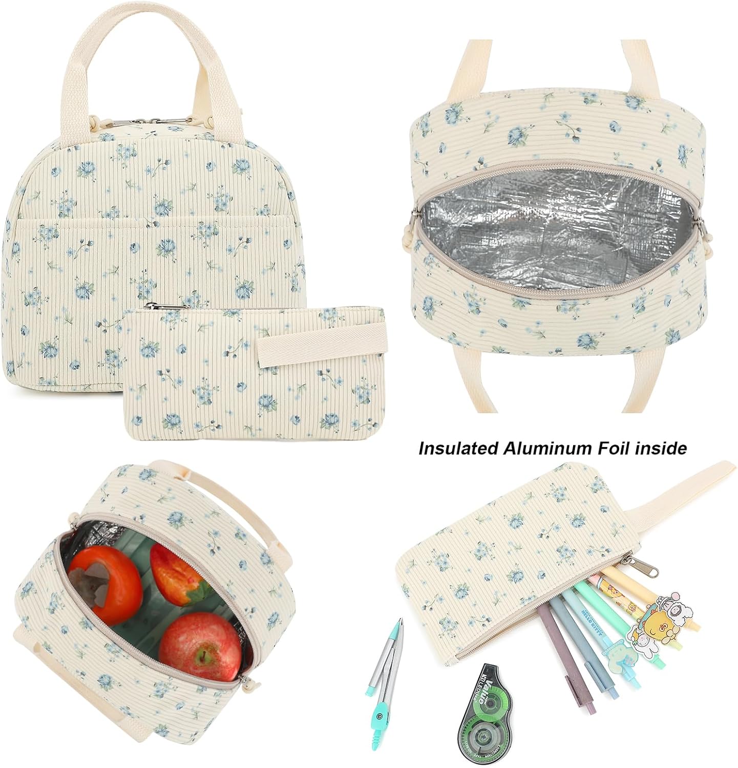 Corduroy Girls Backpack Set, 3PCS School Backpacks for Kids Elementary Middle School Bags with Lunch Box Pencil Case (Beige Corduroy Flowers Blue)