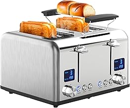 Steinborg Long Slot Toaster Digital Display with Countdown Illuminated Buttons 4 Slices Toast Machine XXL Toaster 1630 Watt Bun Attachment Defrost Function Crumb Drawer