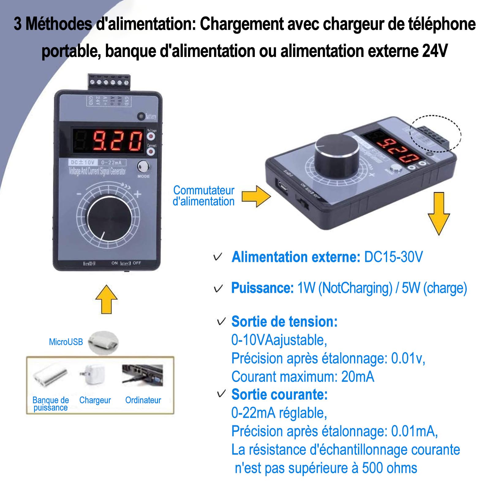 Générateur De Signal Portable, 4-20mA Générateur De Signal De Courant De Tension, 0-10V/0-22mA Ajustable Simulateur De Tension Actuelle Rechargeable Calibrateur De Source De Signal Analogique