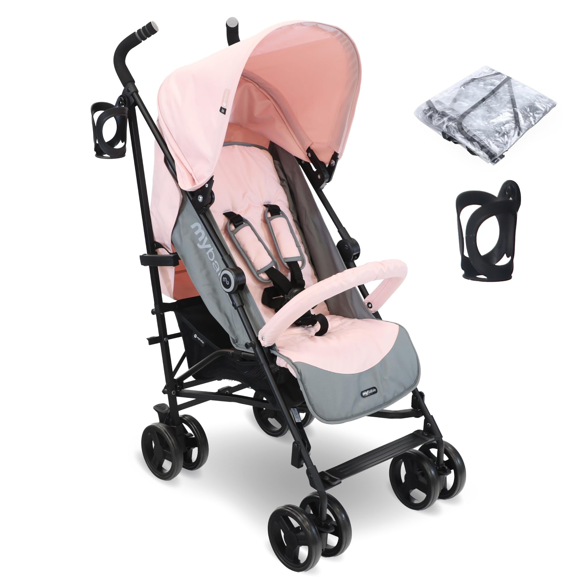 MB02 Plus Stroller - from Birth to 4 Years (22kg), Lightweight & Compact Umbrella Fold, Travel Buggy for Toddlers, Pushchair Includes Cup Holder and Rain Cover - Pink & Grey
