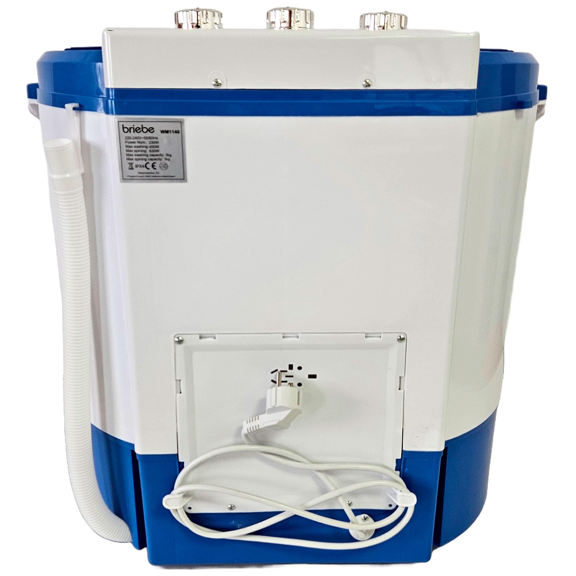 briebe Camp - Mini Lavatrice Portatile con Centrifuga, Campeggio, Capacità 3 kg, Ideale per Viaggi, Roulotte, Camper, 2 Scomparti, Caricamento dall'alto, Nessuna installazione, Blu/Bianco