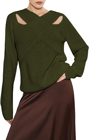 Bianstore Womens Halter Cross Over Collar Cutout Knit Sweater Long Sleeve Lightweight Casual Pullover Top