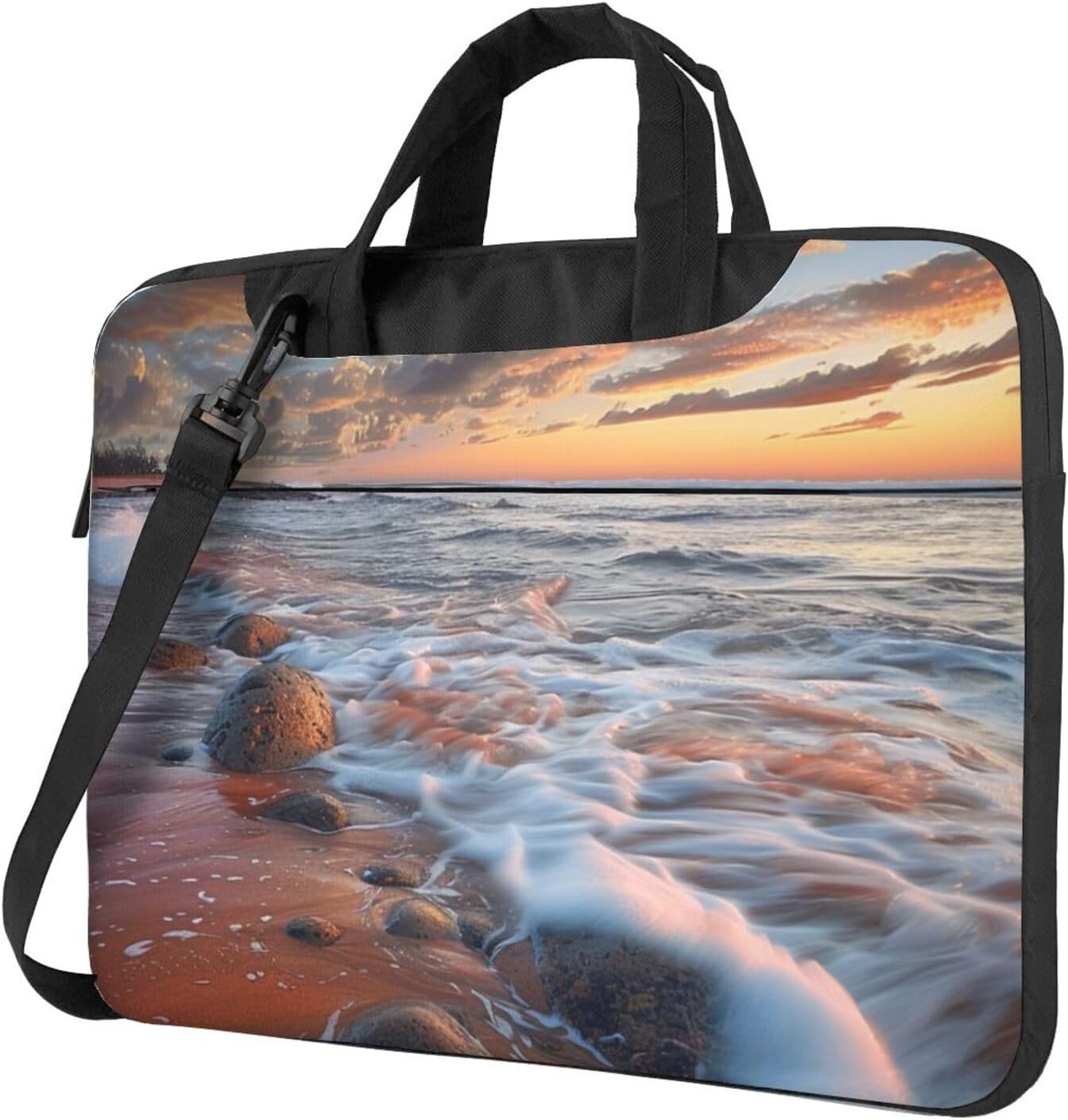 Beach Maui Hawaii Sunset Sea Waves Clouds Printed Laptop Bag, Three Layer Protection Shockproof Crossbody Laptop Shoulder Bag for Men and Women, black, 14 inch
