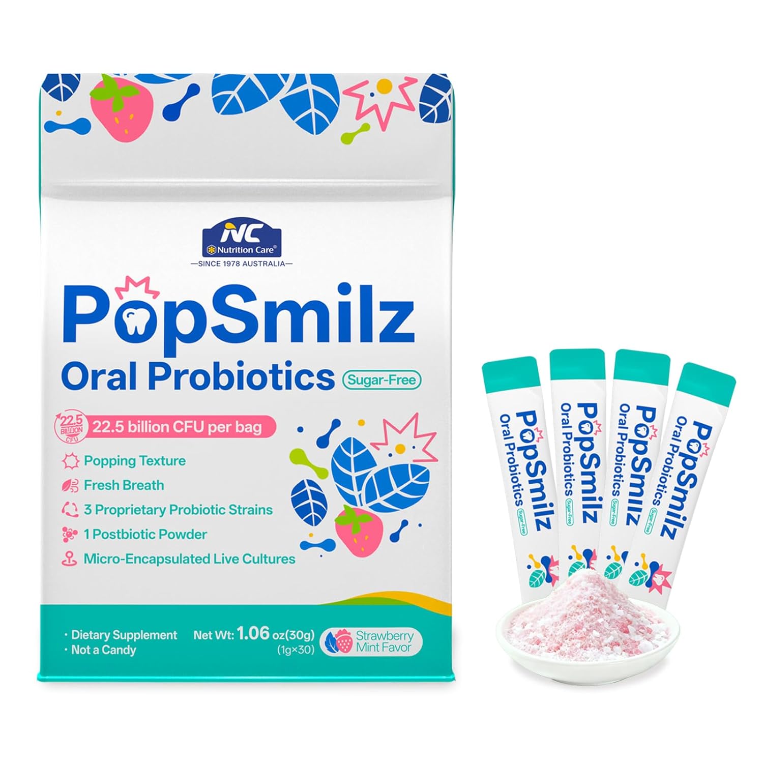 22.5 Billion CFU Oral Probiotics, 3 Strains (AP-32, ET-66, LPL28), Sugar-Free Strawberry Mint Powder with Fizz, Instant Bad Breath Freshener & Gum Health Support, Just Pour in Mouth