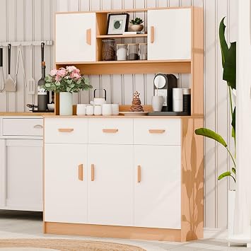 Kitchen Pantry Cabinet with Drawer & Doors, Freestanding Hutch Cabinet with Buffet Cupboard, Utility Pantry with Microwave Stand, for Kitchen, Dining Room and Living Room Wooden Color
