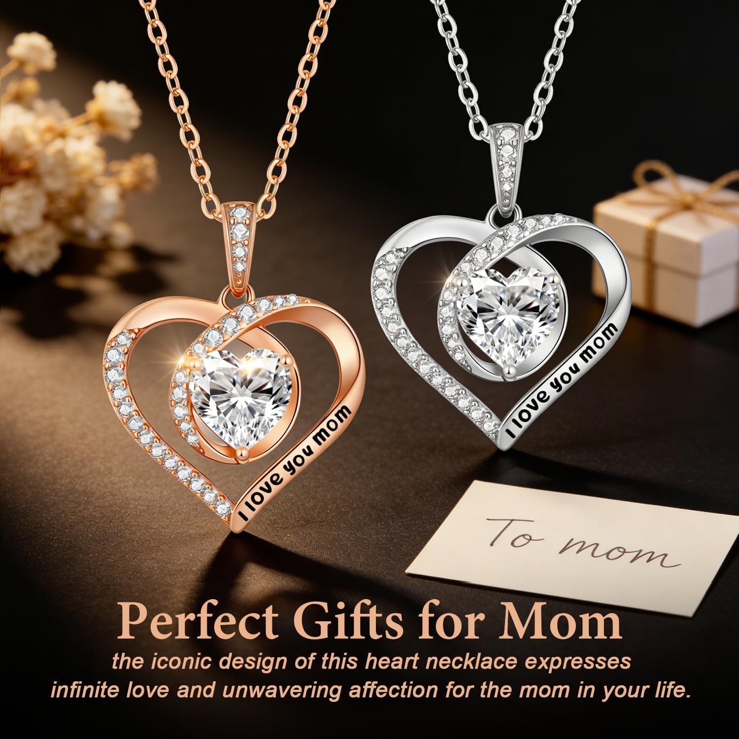 ANDSO 2 Carat Moissanite Eternal Heart Necklace for Mom, 925 Sterling Silver Plated Rhodium/Rose Gold, Engraved I Love Mom, Ideal Aniversary Birthday Jewelry Gifts for Woman Her