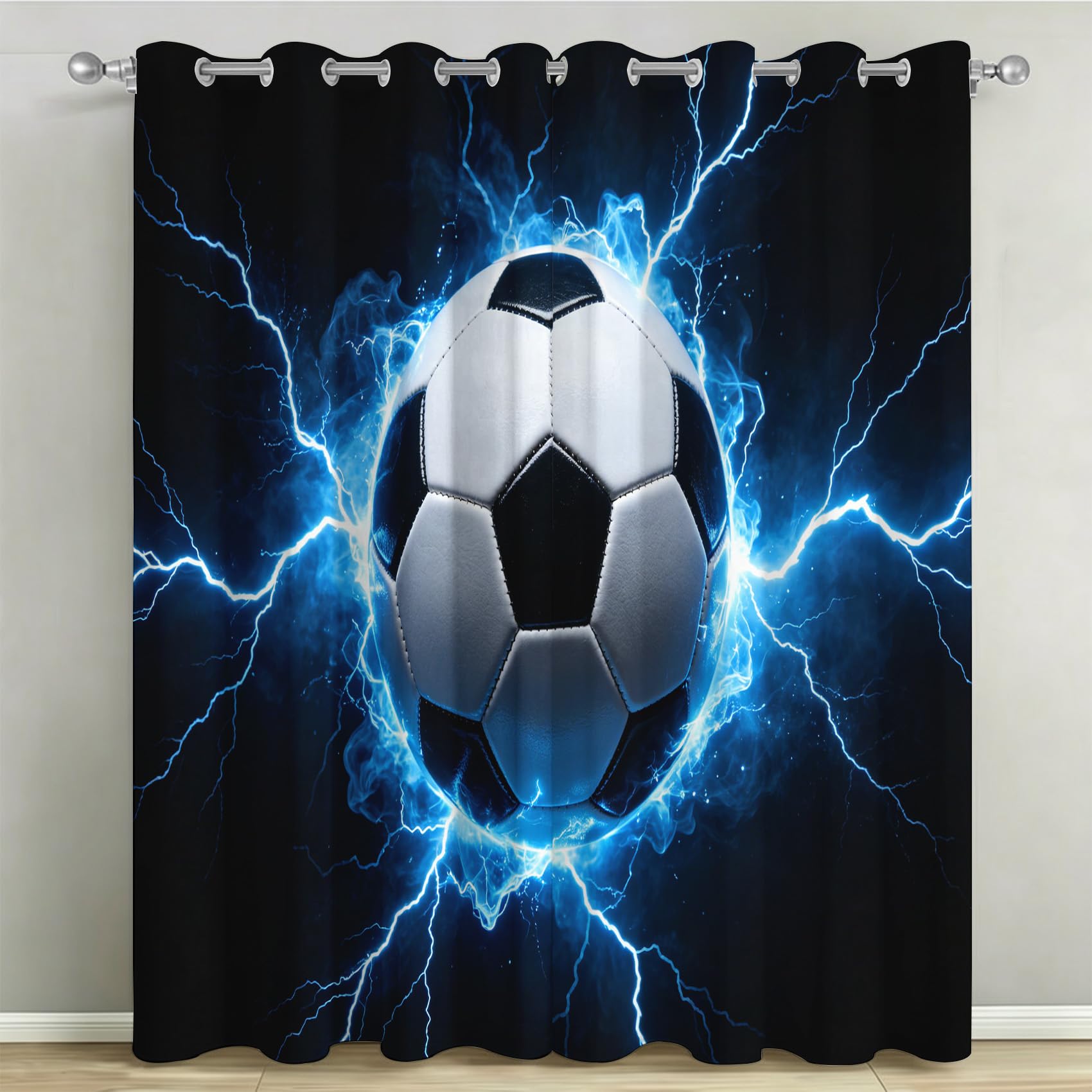 Lot de 2 Rideaux Occultants à Oeillets Football 100x200 cm, 3D Imprimé Rideau Occultant Thermique Isolant Opaque, Rideau Modèle de Football pour Salon Chambre Décoration Fenêtre C/1687
