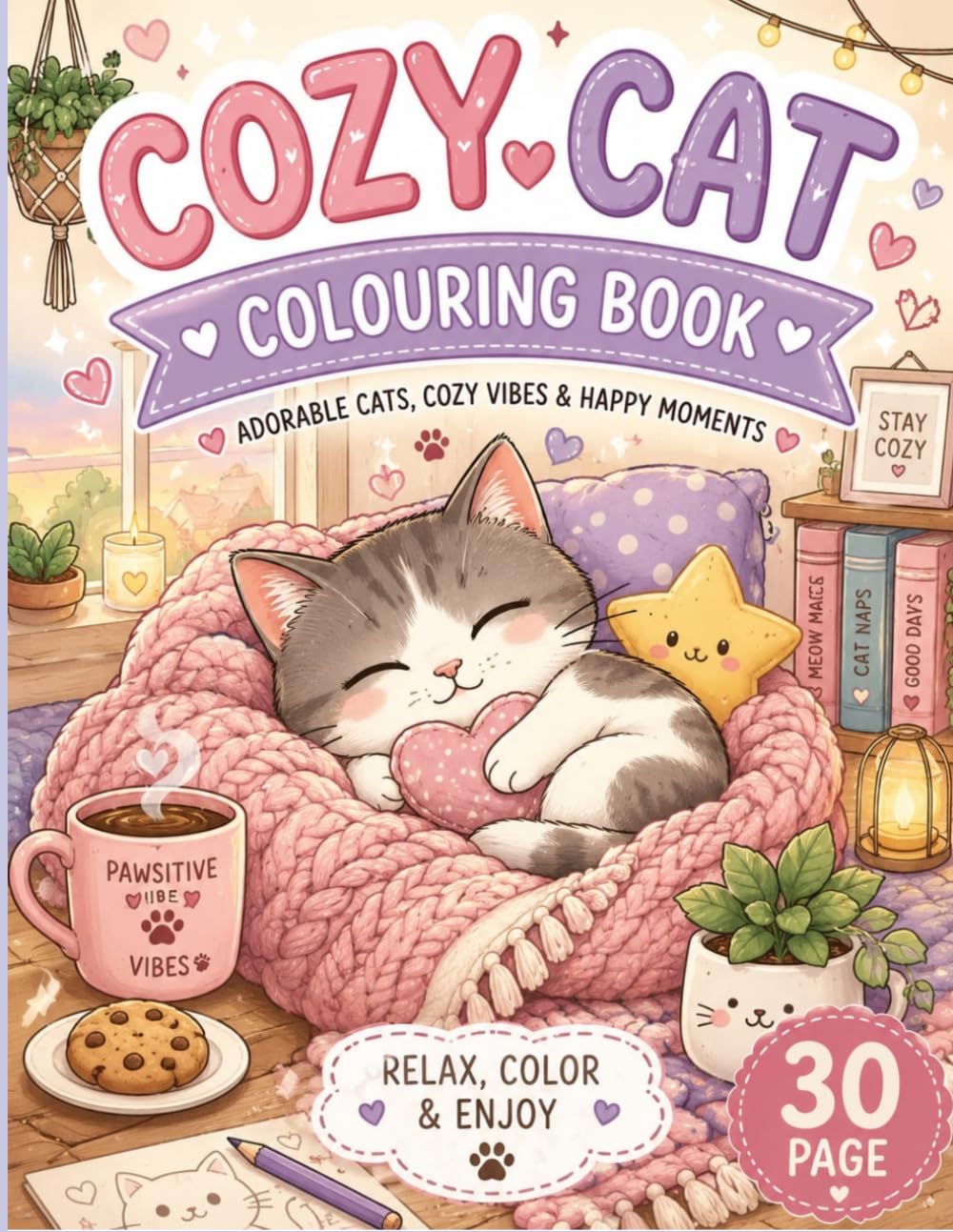 Cozy Cat Coloring Book: 30 Adorable Kawaii Cat Coloring Pages for Relaxation, Stress Relief, and Creative Fun | Cute & Cozy Designs for Kids, Teens, and Adults