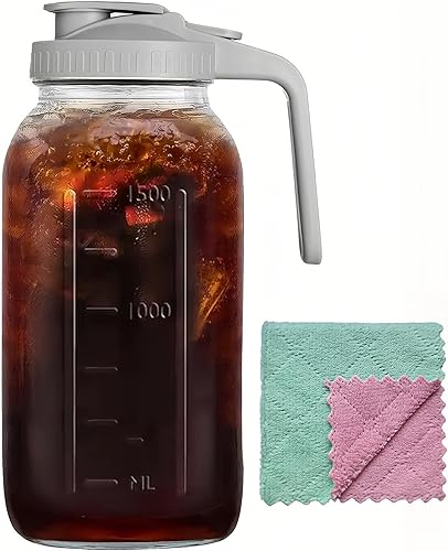 Miniatura 11 de Jarra de vidrio de 64 onzas con asa y tapa, tarro Mason de 2 cuartos de galón, jarra de agua grande, recipientes de vidrio para refrigerador, jarra