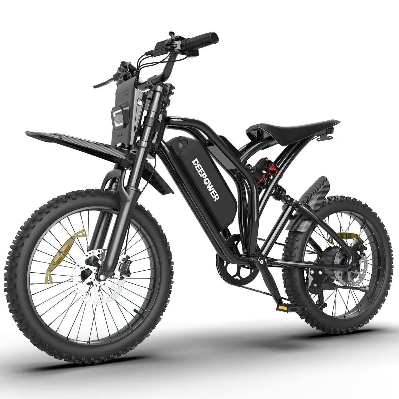 DEEPOWER S21 Bicicletta Elettrica per Adulti, Batteria Rimovibile 48V 25Ah, Autonomia 55-110KM, Pneumatici Fat 17", 7 Marce, Sospensione Completa, Bicicletta Elettrica da Montagna