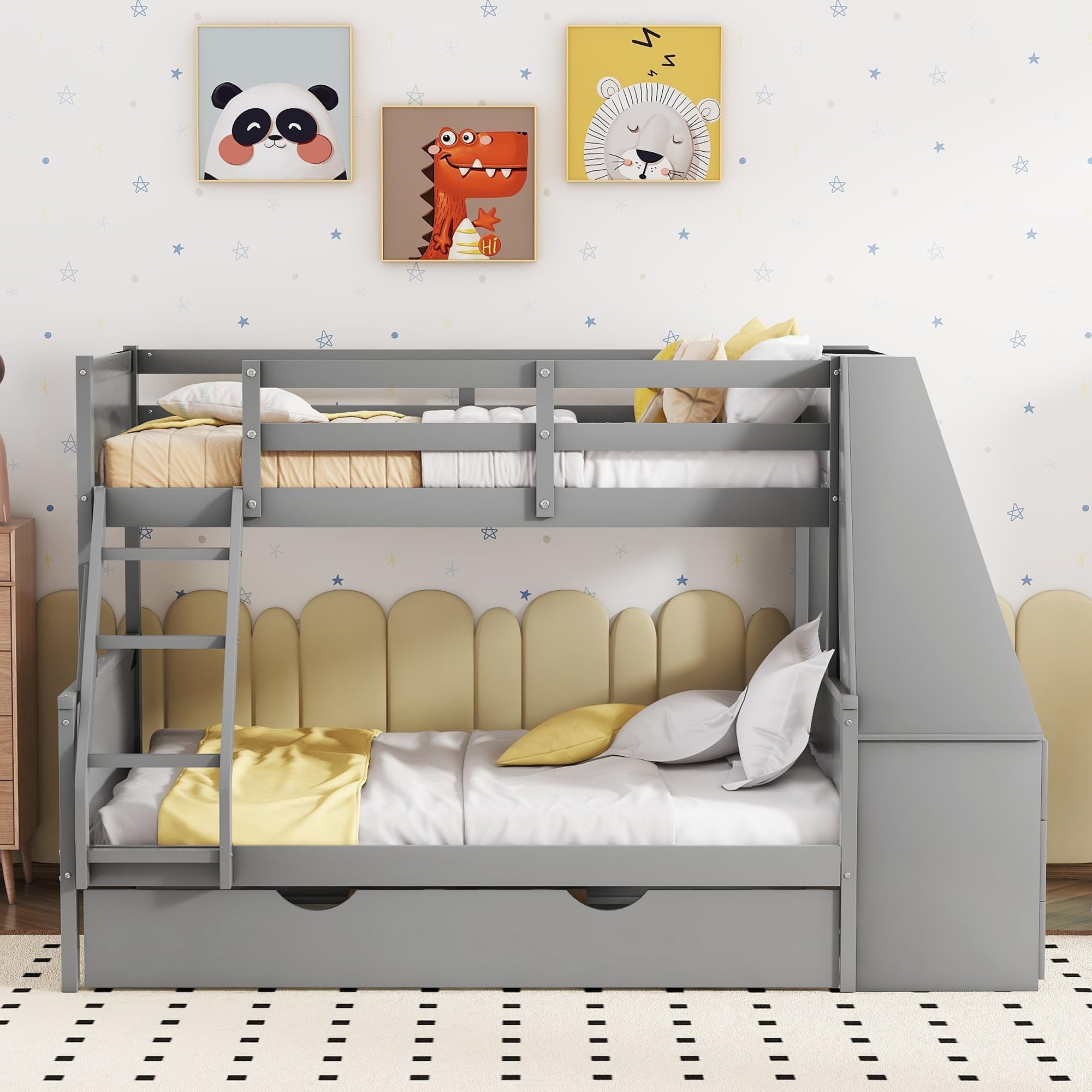 Harper & Bright Designs Twin Over Full Wood Bunk Bed with Desk and Trundle, Kids Bunk Beds with Storage Drawers and Shelf for Girls Boys,Grey