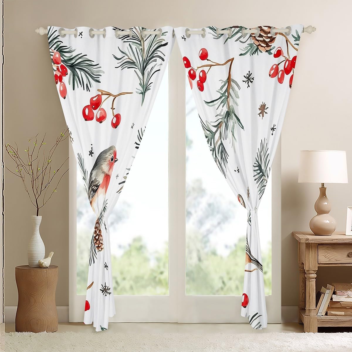 Feelyou Kids Birds Blackout Curtains, Happy New Year Window Curtains Winter Birds Darkening Drapes for Bedroom for Boys Girls Christmas Living Room Window Treatments (2 Panels, 42 x 84 Inch)