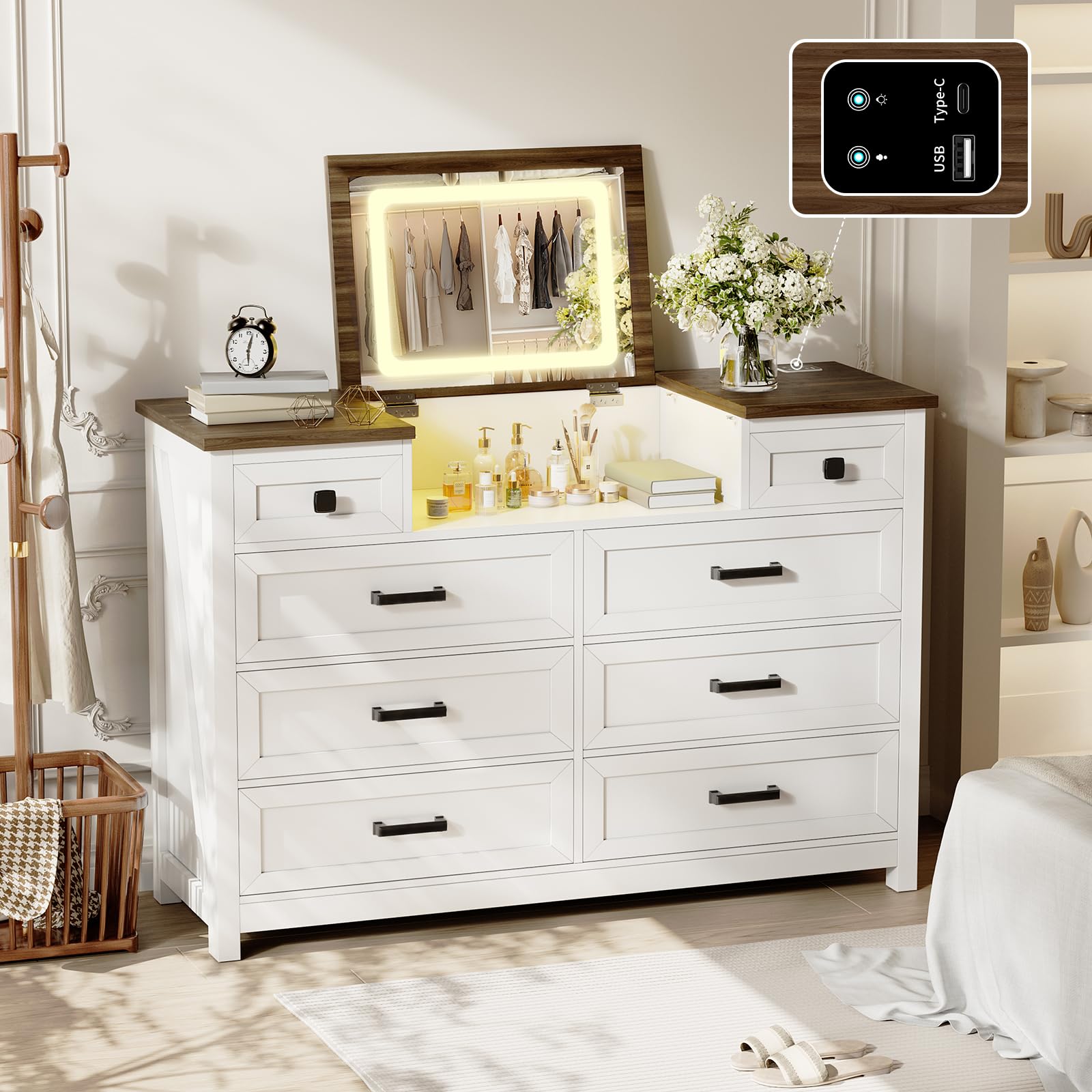 BROTTAR Kommode mit 8 Schubladen und LED Spiegel, Komodenschrank mit Ladestation, Kommode Weiß für Schlafzimmer Wohnzimmer für Kleidung, Dokumente, Spielzeug, 120x40x83cm