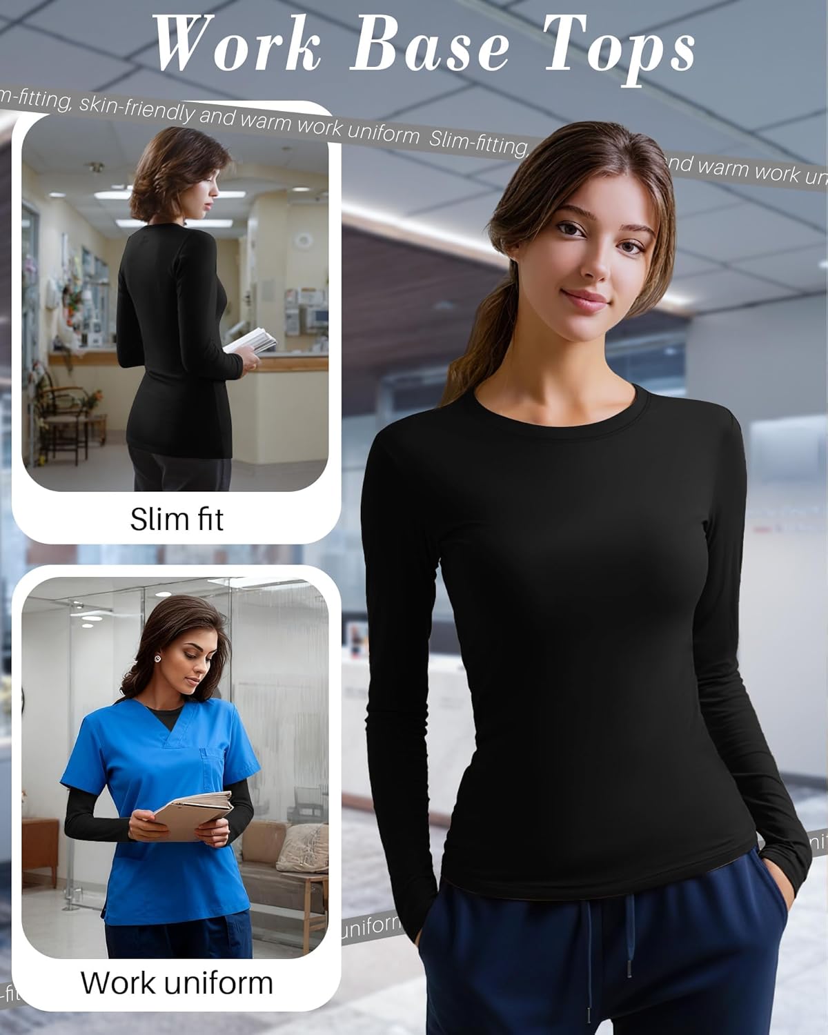 4 Pack Women's Underscrub Shirts Nurse Undershirts Long Sleeve Crewneck Slim Fit Tops Soft Stretchy Basic Tee - Image 4