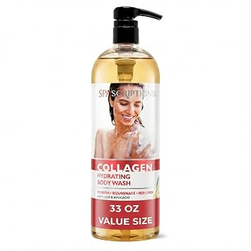 SpaScriptions Collagen Hydrating Treatment Body Wash Natural Hydration For Dry & Dehydrated Skin with CoQ10 & Avocado for Soft, Firm Looking Skin, Moisturizing Body Cleanser, Paraben Free, 33 oz