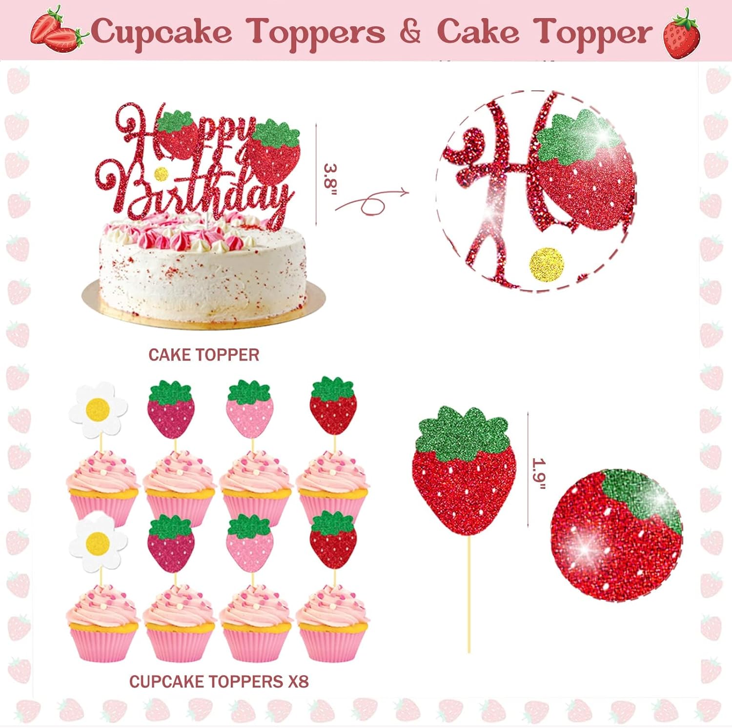 103 PCs Strawberry Party Decorations, Hombae Strawberry Decorations for Birthday Backdrop Balloon Garland Arch Happy Birthday Banner Cake Cupcake Topper Pink White Red