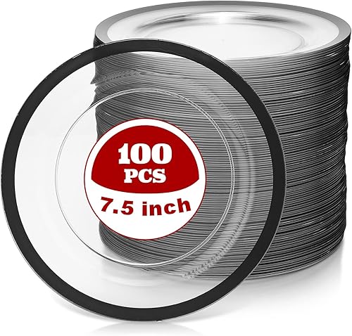 Tanlade 100 platos de plástico negro transparente a granel de 7.5 pulgadas desechables de alta resistencia con borde rojo redondo ensalada postre