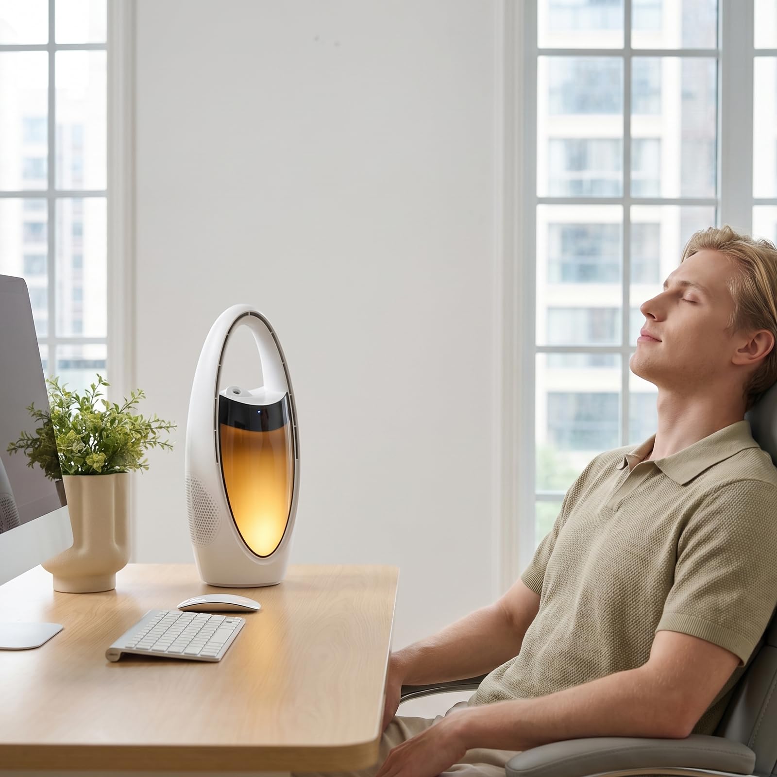 Ventilateur Colonne Portable sans fil 4000mAh Ventilateur Tour de Table 35cm avec Humidificateur, 9 Niveaux de Vitesse, Veilleuse, Heures et Oscillation de 70 ° pour Chambre à Coucher, Bureau, Maison