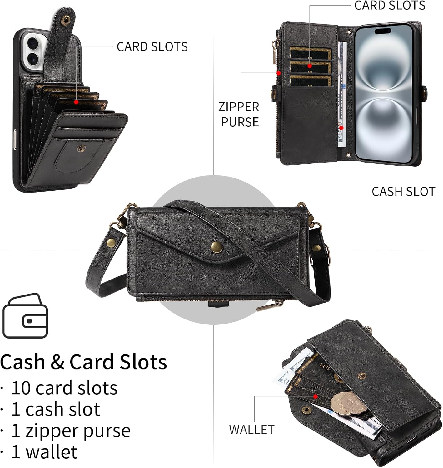Caseurban Wallet Case for iPhone 16 Plus Compatible with Magsafe, Detachable Card Holder, PU Leather Handbag Phone Purse with Zipper, RFID Blocking Strap Lanyard Kickstand Magnetic Phone Case