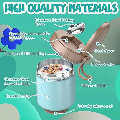 Miniatura 6 de Tarro de comida aislado para sopa, recipiente de almuerzo aislado de acero inoxidable de boca ancha con cuchara plegable