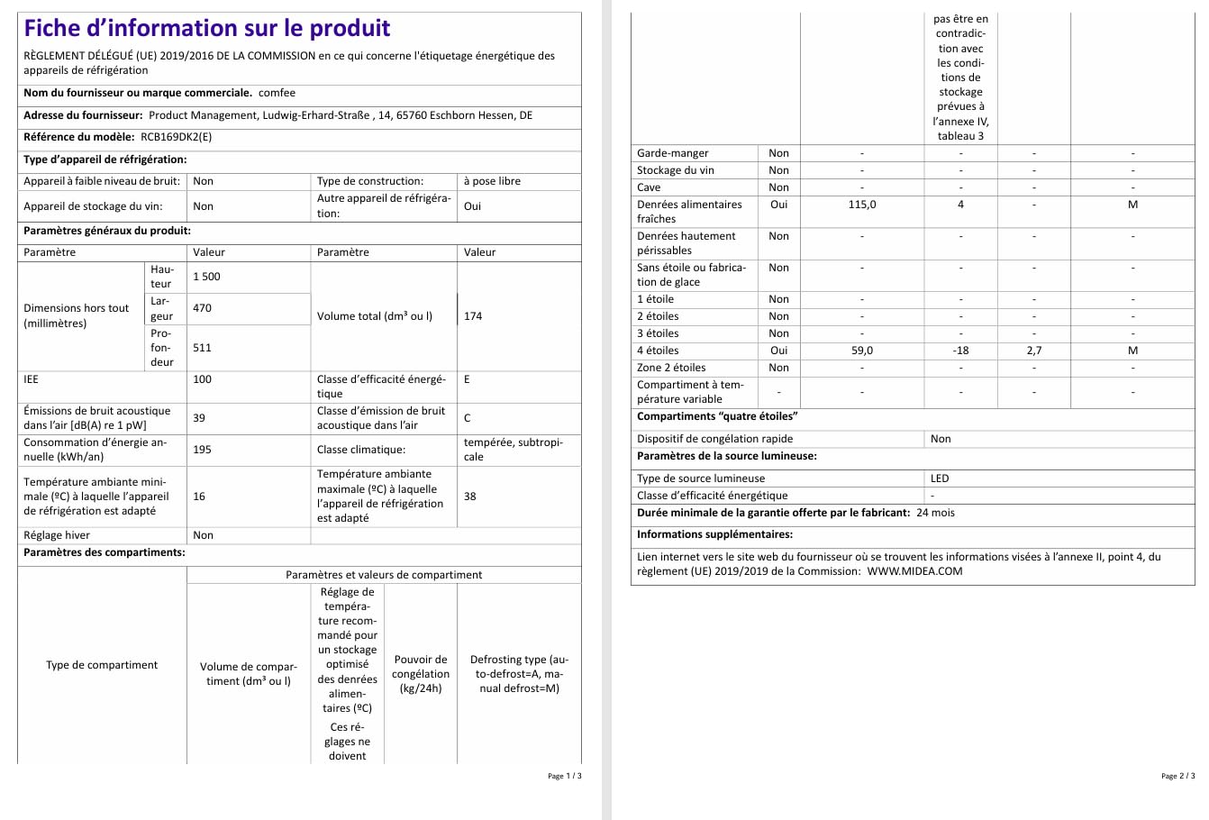 Comfee' RCB169DK2(E) Réfrigérateur avec Congélateur 150 cm Low Frost Noir 174L