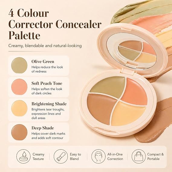 4 Colour Creamy Concealer Palette with Mirror and Brush - Green, Peach, Beige, Yellow for Redness, Dark Circles, Blemishes, Contour Makeup Kit, Portable Compact for Daily Wear & Touch-ups