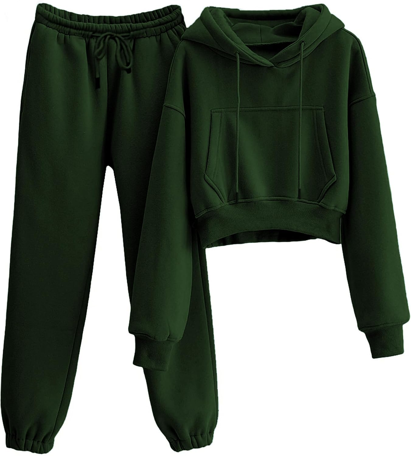 Womens Fleece 2 Piece Outfits Sweatsuit Crop Hooded Pullover Sweatshirt Top Jogger Sweatpants Tracksuits Set