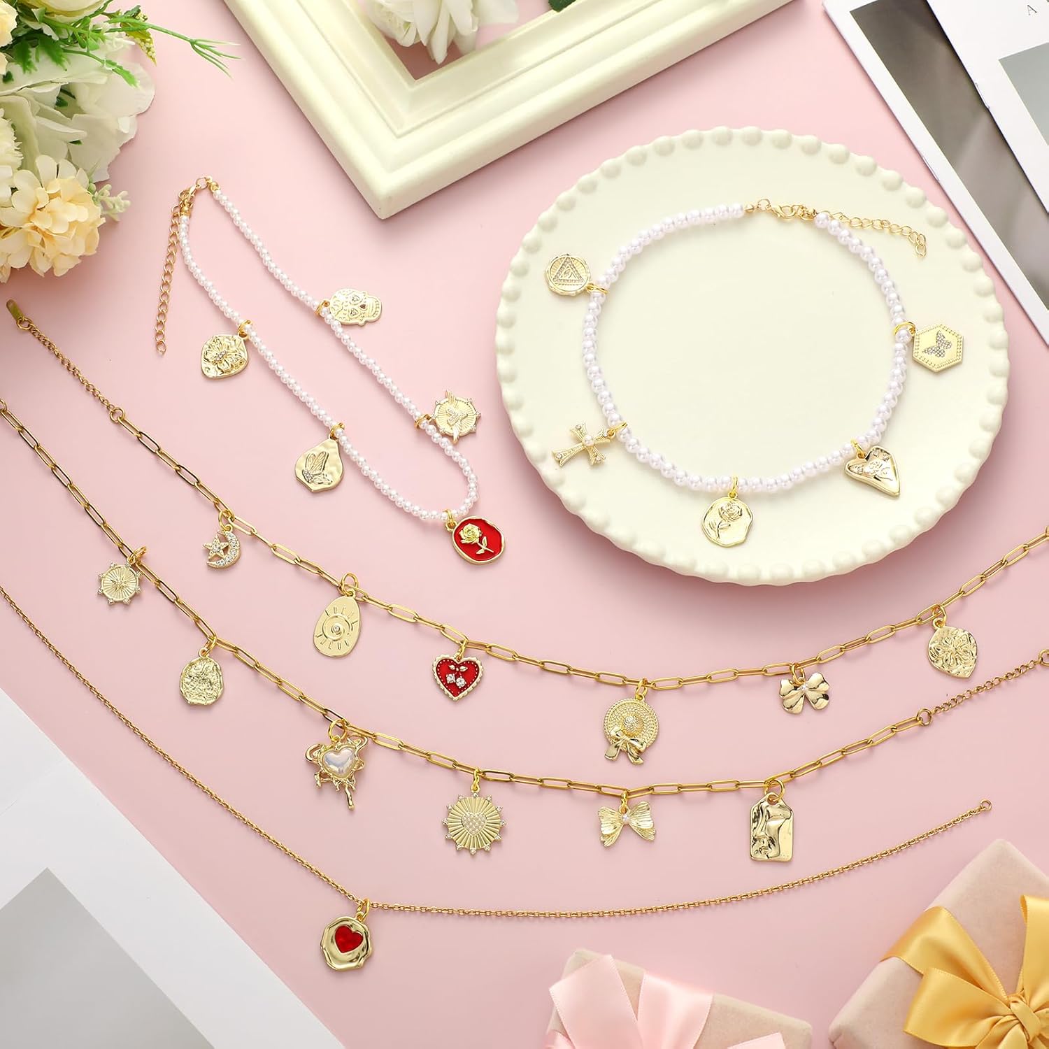 Landical 56 Pcs Gold Vintage Charm Necklace Making Kit for DIY 5 Pcs 4 Styles Women Jewelry Chains 25 Pcs Charms Pendants 25 Pcs Open Jump Ring and Plier for Choker Bracelet Ring Craft Gift - Image 6