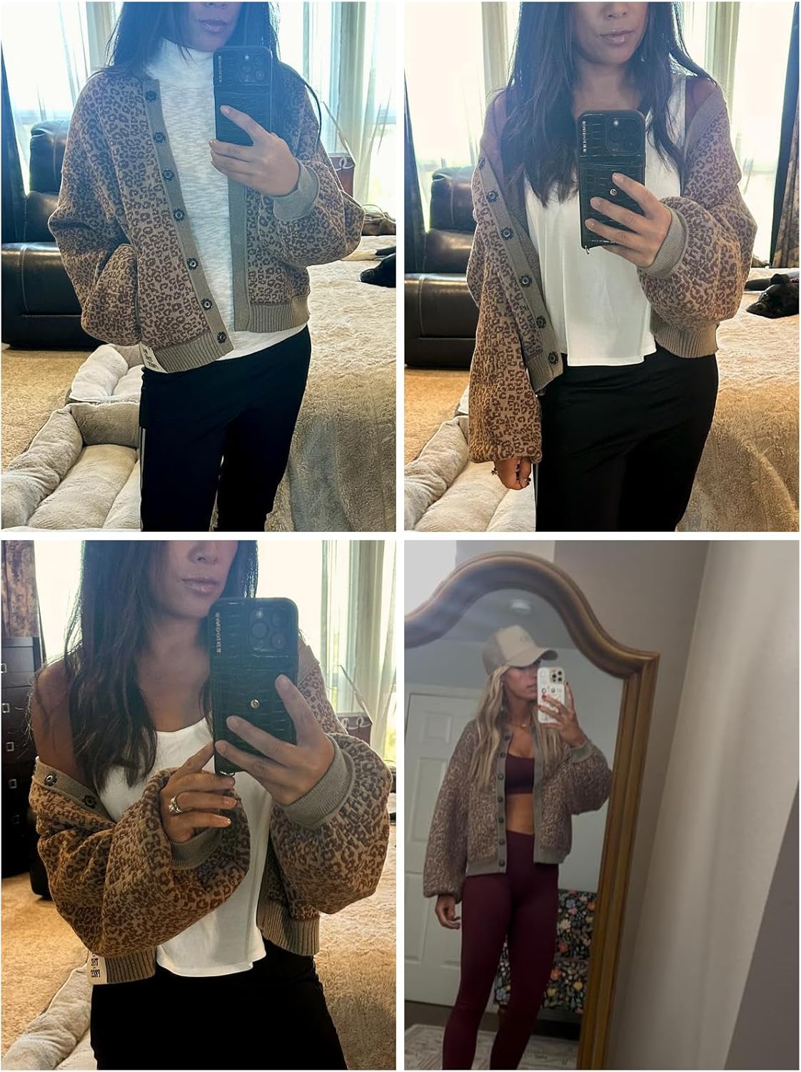 Women's Casual Leopard Print Jacket Crew Neck Long Sleeve Loose Fit Button Coat Fall Trendy Bomber Cardigan - Image 7